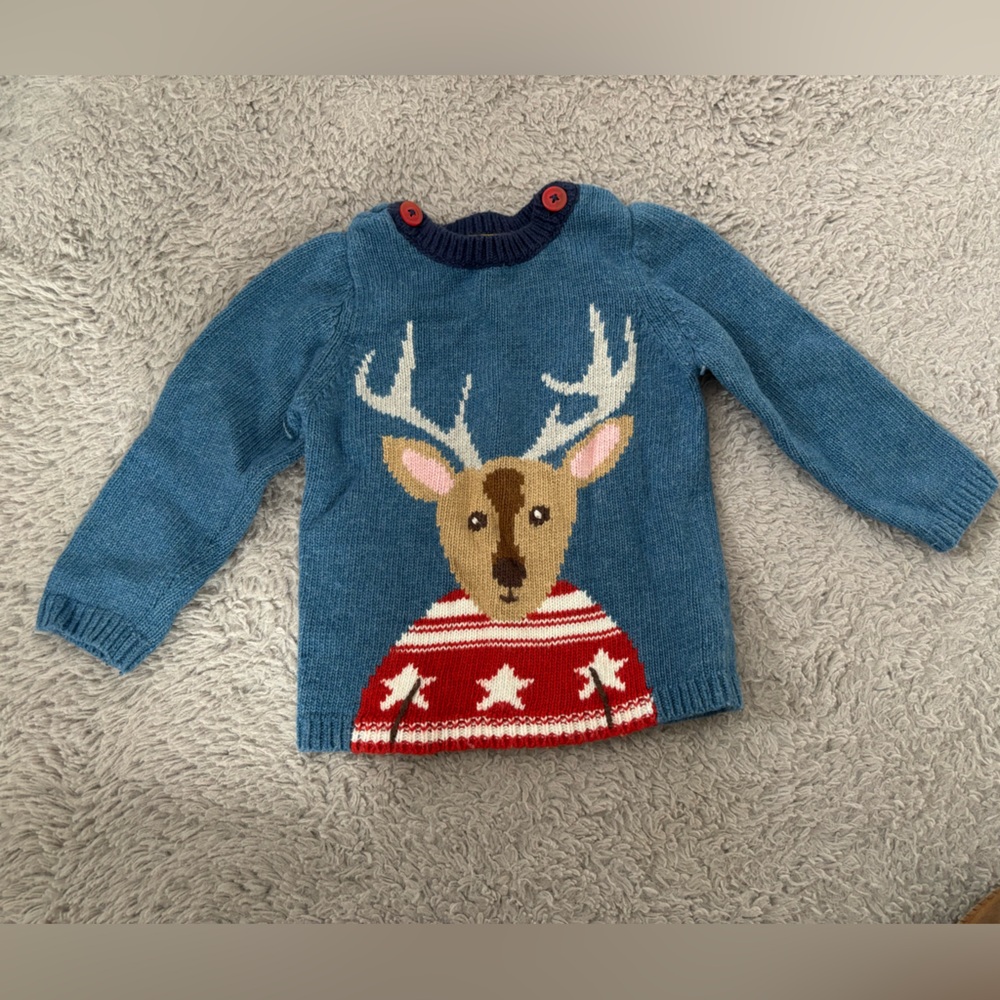 Baby Boden Blue Knit Reindeer Sweater with Red Accent